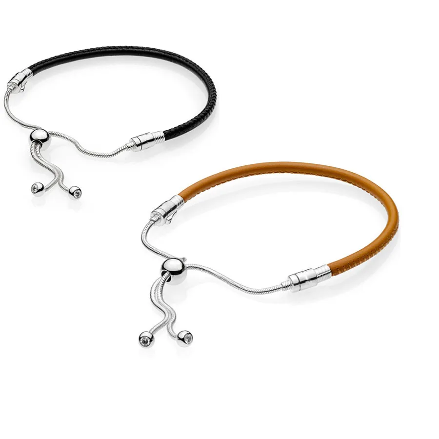 

2018 New 100% 925 Sterling Silver Moments Brown Black Leather Sliding Bracelet Charm For Women panqiou Jewelry