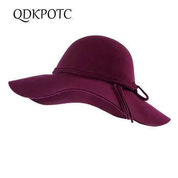 

QDKPOTC Fashion 100% Wool Women's Fedoras Girls Felt Hat Trilby Gorra Toca Sombrero Elegant Rope Decoration Cap