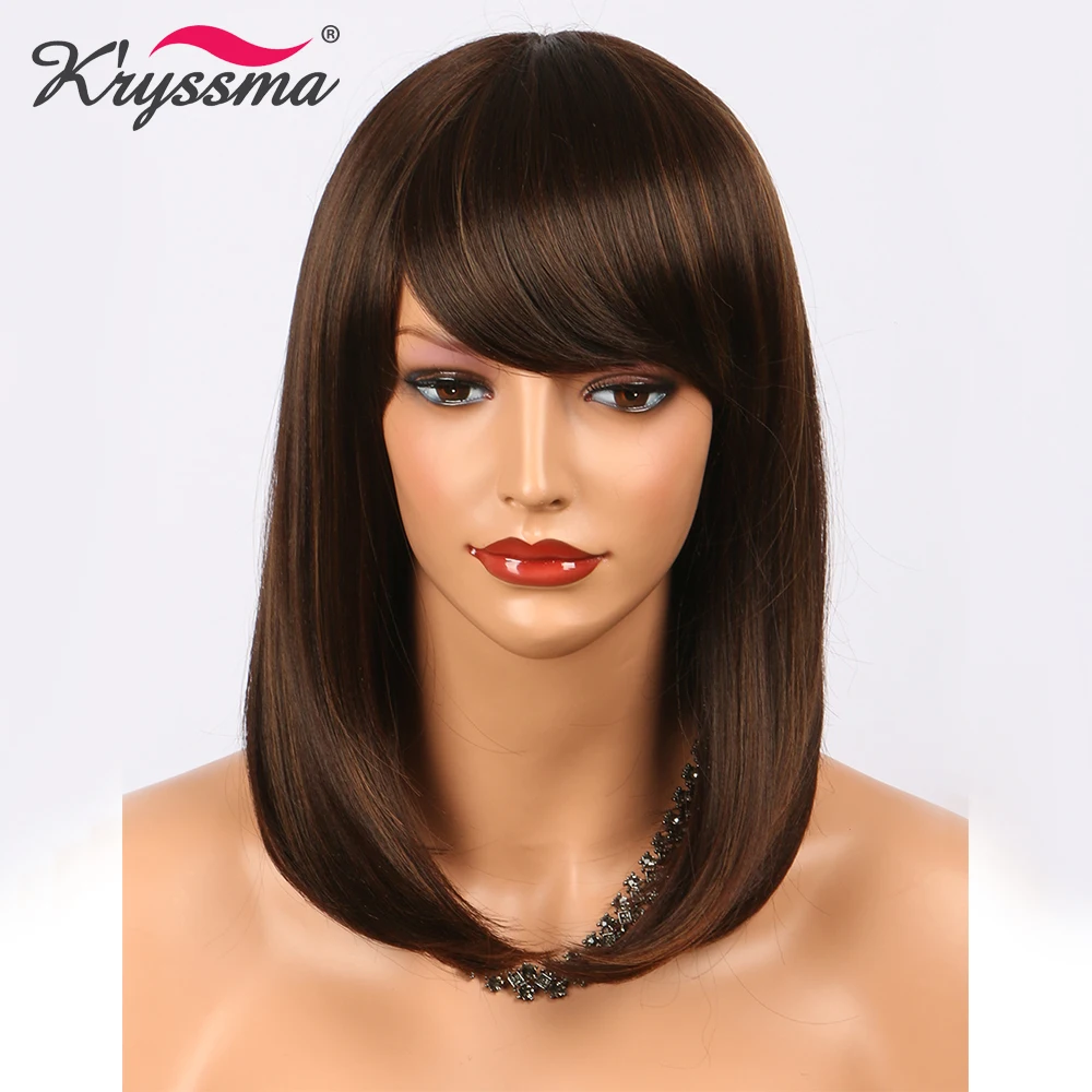 

Short Brown Wig Straight Synthetic Hair Wigs for Women Bob Wigs with Bangs 14 Inches Highlight Blonde Heat Resistant Fiber