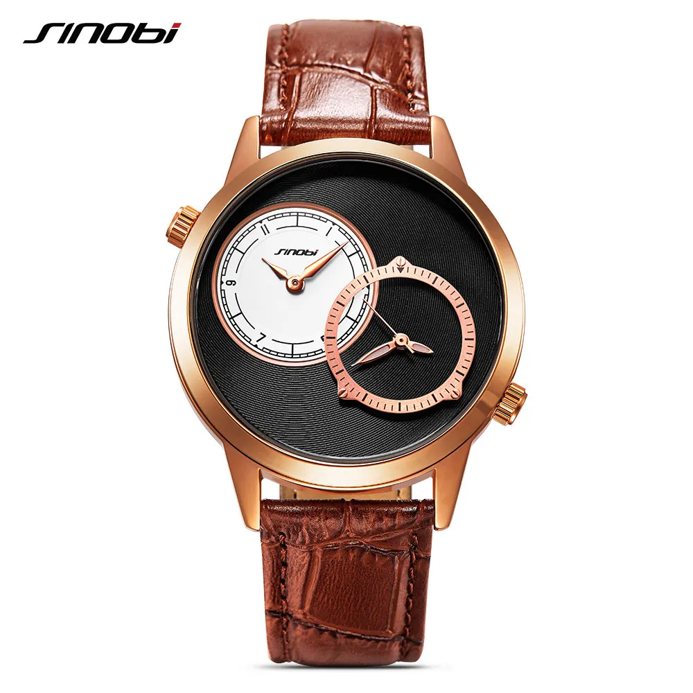 

2018 New Arrivall SINOBI Men Double Time Zone Rose Gold Quartz Watch Sapphire Crystal Top Band Luxury Fashion Leather Saat Reli
