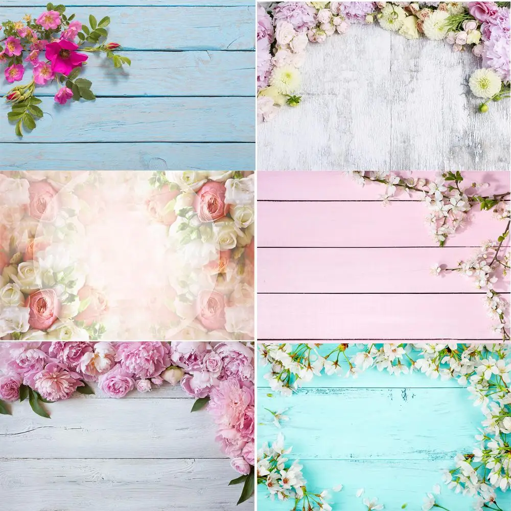 HUAYI Wood board Backdrop photocall photophone blossom flowers on vintage wood plank photo Background photo booth Studio props