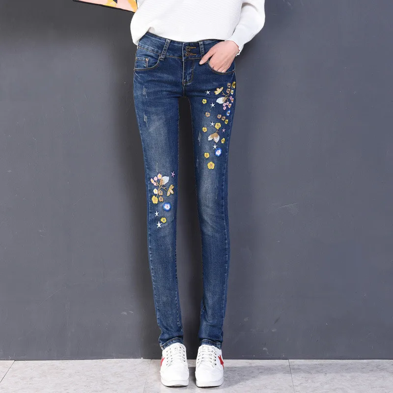 Jeans women s skinny jeans 2017 spring new high waist thin embroidery pencil denim pants stretch