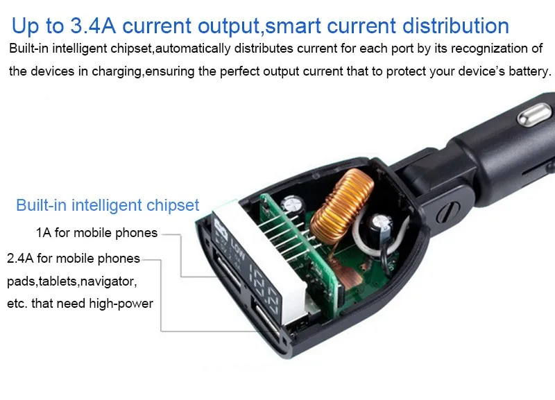 3.4A Быстрый двойной USB Смарт автомобильное зарядное устройство для мобильного телефона светодиодный цифровой дисплей для iPhone 7/6s/huawei p9/p8/Meizu pro 6/m3/m3s note/mini