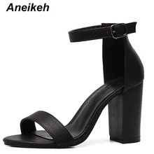 Aneikeh/ летние женские босоножки; большие размеры 35-42; босоножки с ремешком на щиколотке; сандалии-гладиаторы на Высоком толстом каблуке; женские туфли-лодочки черного цвета