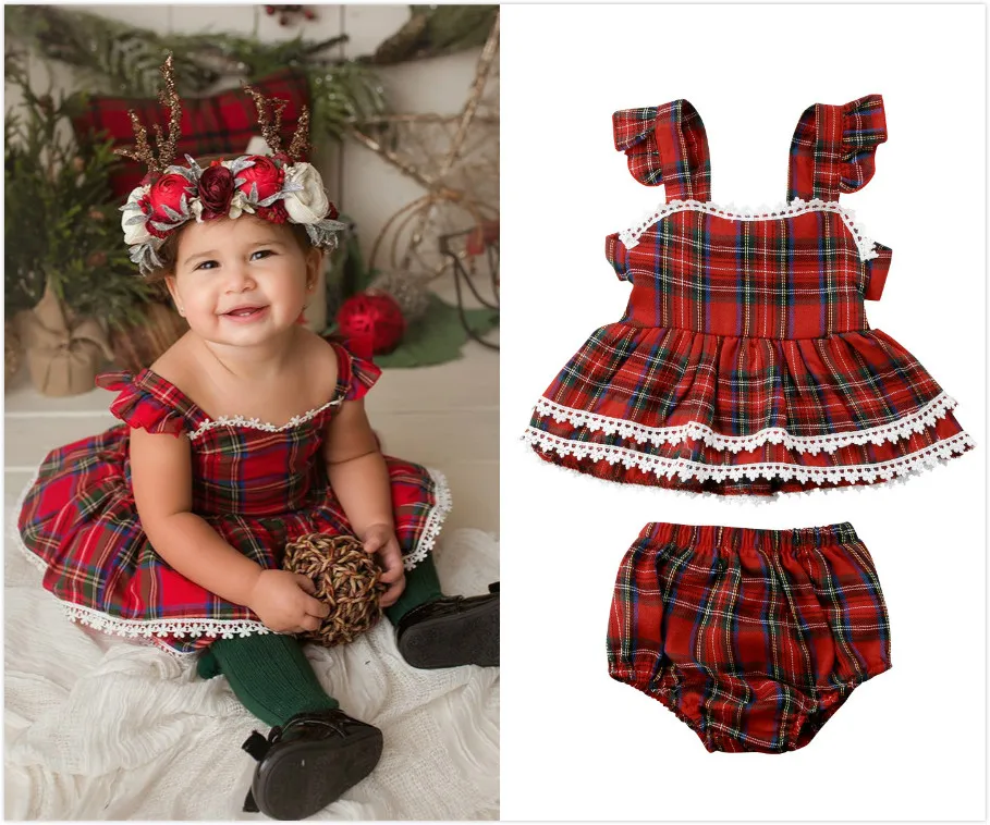 

Summer Newborn Toddled Kids Baby Girls Plaid Outfits Ruffles Lace Sleeveless Shirt Dress +Bottom Pants 2PCS Baby Girls Clothing