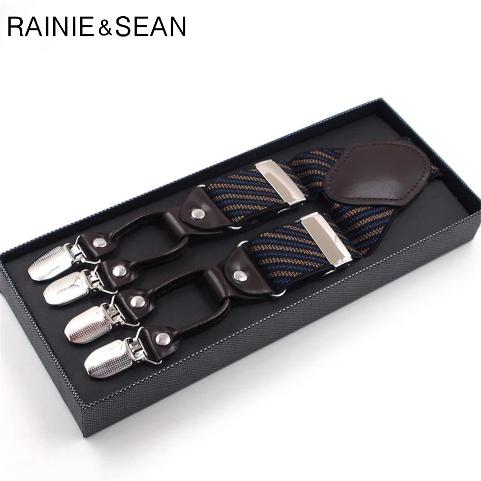 

RAINIE SEAN Real Leather Suspenders Men 6 Clips Mens Braces For Trousers Coffee 125cm Male Dress Business Suspenders For Shirts