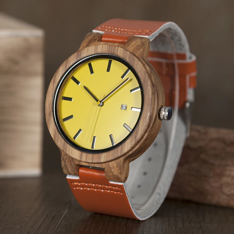 Beste BOBO VOGEL O09 Hout Horloge Mannen Kleur Lederen Quartz Horloge met Datum Display relogio para als mulheres