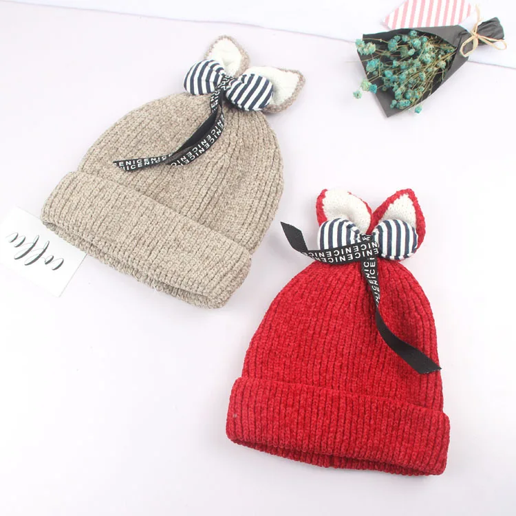 Детская шапка с большим бантом на осень и зиму, детские вязаные шапки с двойными помпонами для девочек, новые модные теплые уличные шапочки
