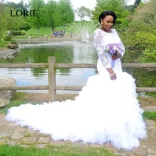 Bling Long Sleeve Winter Wedding Dresses Mermaid Ruffles Vintage Lace Bridal Dress 2017 Vestido de novia African Wedding Gowns