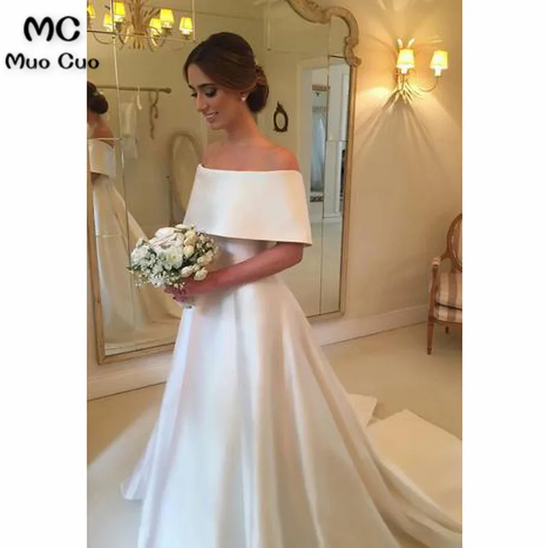 

Princess 2018 A-Line Off Shoulder Wedding Dress Robe de mariage Short Sleeve Satin Vestido de noiva Backless Bridal Gown