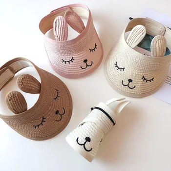 

Children Shade Sunscreen Beach Straw Hat Rabbit Ears Embroidery Empty Top Hat Baby Boy Baby Girl Summer 0utdoor Shade Straw Hat