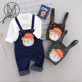 

2019 Bebes Boys Clothes Cotton Bear Printed Shirt with Striped Bib Pants Baby Boys Clothes Overalls Children's Clothing Set 2Pcs