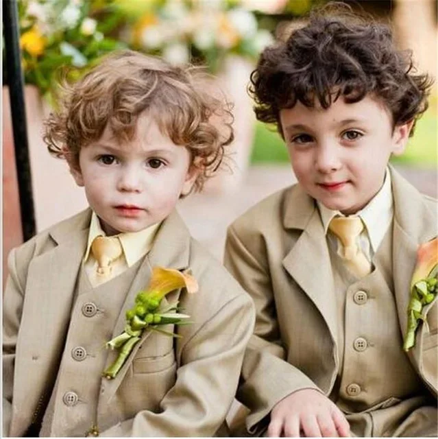 

Notch Lapel Khaki Children Suits Fashion Tuxedos Flowers Wedding Party Boy Handsome 3 Pieces Suits 2019 (Jacket+Pants+Tie+Vest)