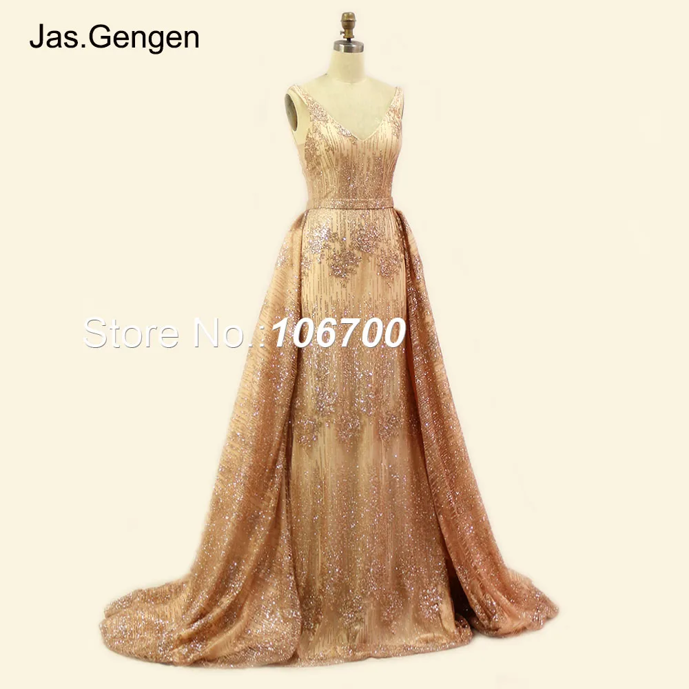Горячая Распродажа, Раздельный хвост, два предмета, vestidos de fiesta, Выпускные Платья с v-образным вырезом, Длинная Золотая блестящая свадебная ткань, вечерние платья 1141