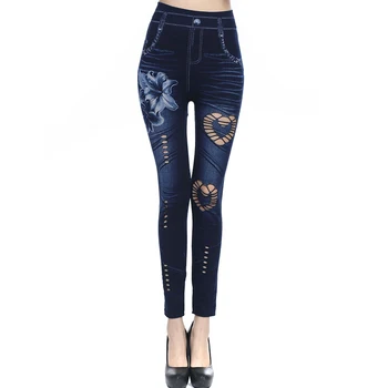 

Heart Hollow Out Woman Leggings Imitation Jean Lily Print Hole Seamless Love Jeans Slim Elastic Sexy Female Leggings Pant Ladies