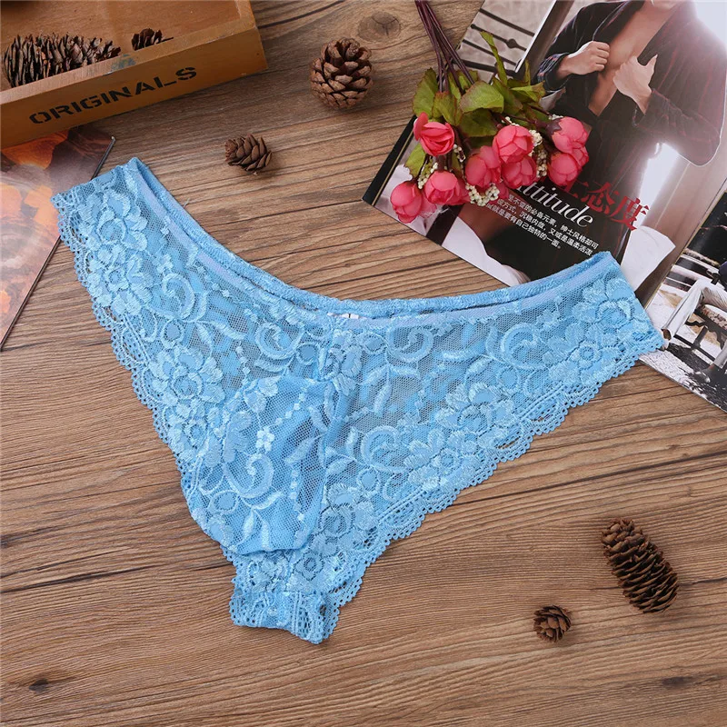 TiaoBug Men Lace Floral Transparent Thong Briefs Penis Bulge Pouch Low Rise Sissy Panties Lingerie Porno Sexy Male Gay Underwear