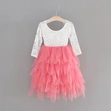 Розничная, кружевное платье для девочек длинное праздничное платье принцессы с длинными рукавами и жемчужинами, с аппликацией Многоярусное фатиновое газовое платье Детская одежда для детей 2-7 лет, E15169