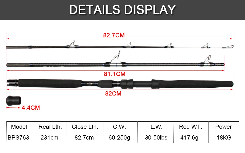 RoseWood BPS763 Spinning Surf Popping Fishing Rod C.W. 60-250G L.W. 30-50lbs Saltwater Boat Heavy Jigging Trolling Rods 18KG  (4)