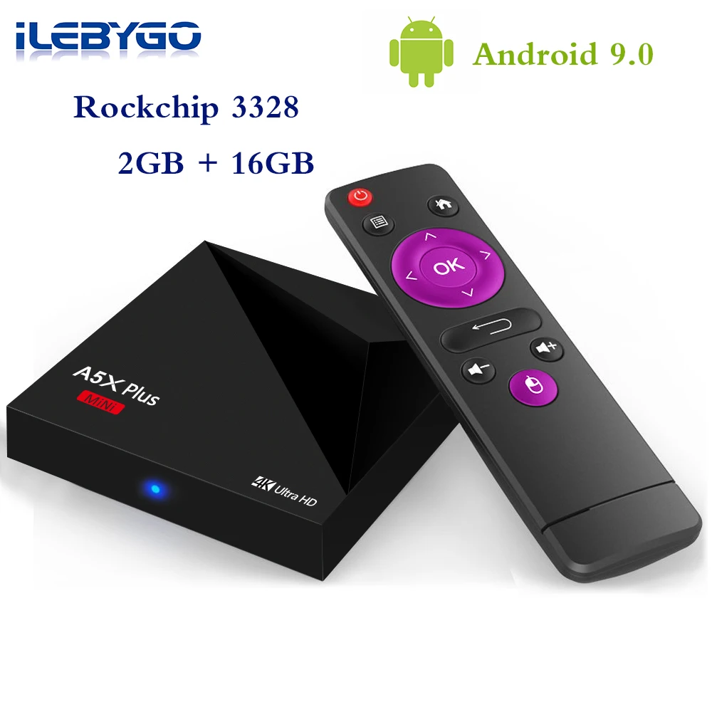 Ilebygo A5X плюс Android 9,0 ТВ Box 4 K мини Smart Декодер каналов кабельного телевидения 2 GB 16 GB RK3328 Rockchip 2,4G WI-FI 100 м PK TX3 X96 Media Player