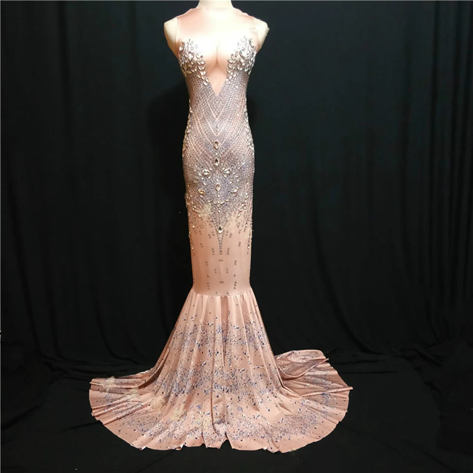 Sexy-Fashion-Sparkly-Big-Crystals-Dress-Long-Train-Women-Birthday-Costume-Prom-Celebrate-Nude-Big-Tail