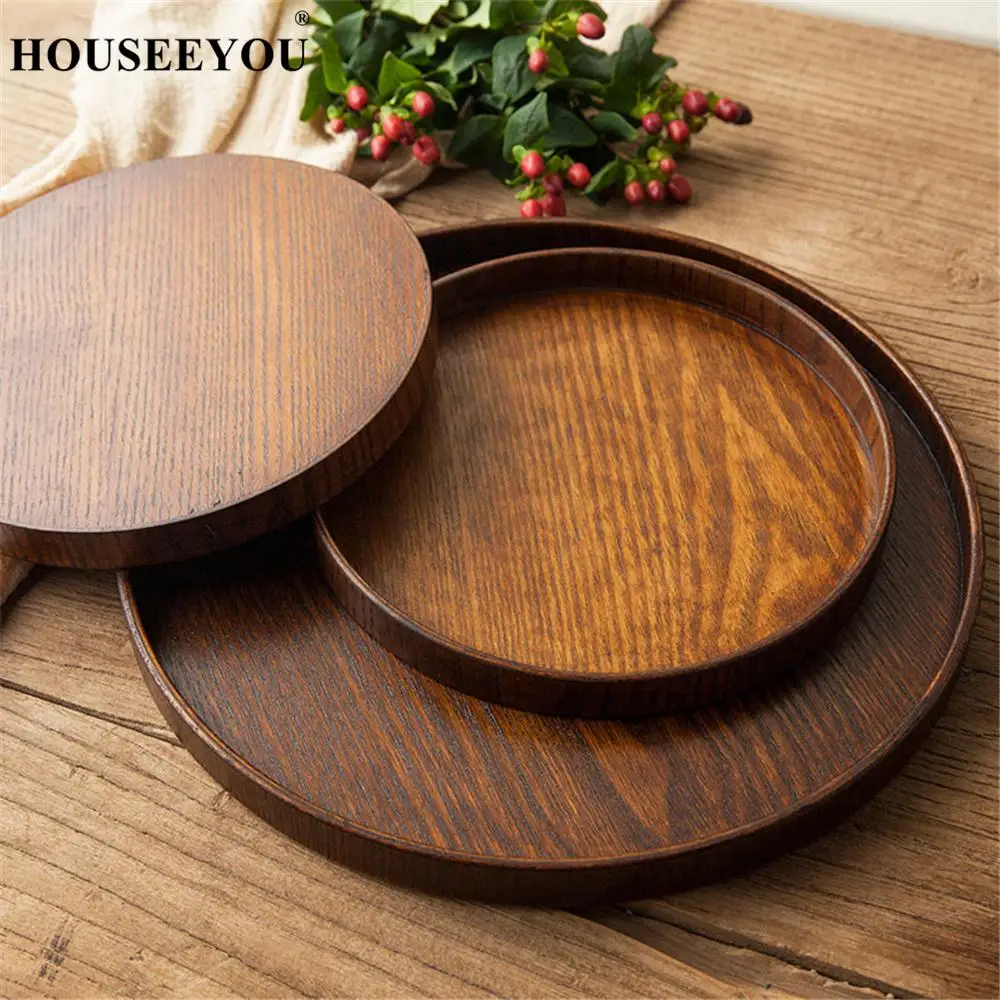 Round Natural Wood Serving Tray Wooden Plate Tea Food Server Coffee Dish Platter 