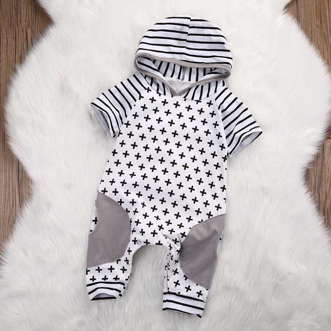 

Cute Infant Baby Girls Boys Clothes Summer Spring Short Sleeve Cross Striped Hooded Romper Cross Baby Romper Jumpsuit Outfits