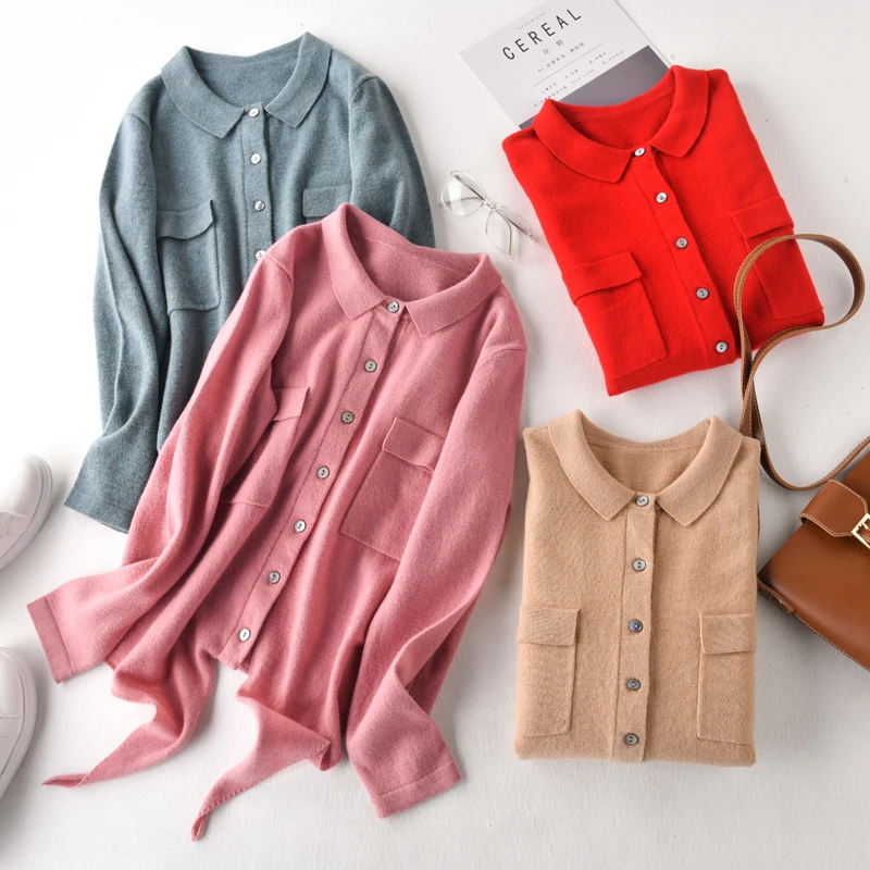 

2019 New Women's 100% Wool Spring and Autumn Cardigan Sweater Knit Lapel Cardigan