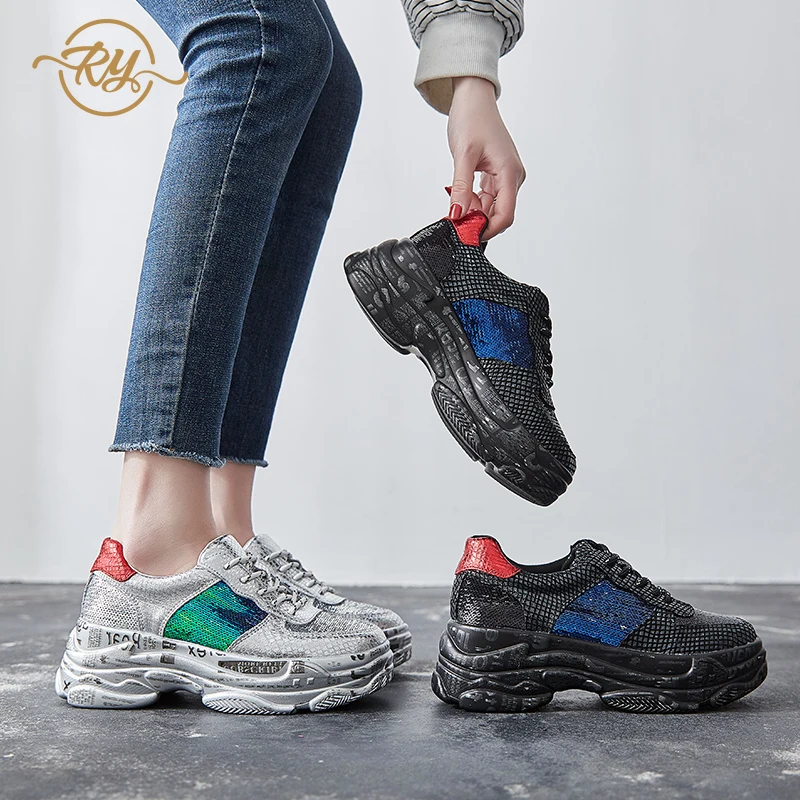 

RY-relaa fashion women's shoes 2019 new sequins casual sports shoes waterproof platform wild thick women's running shoes