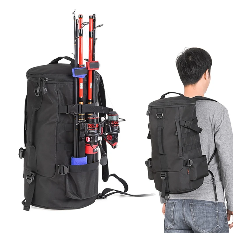 

23L Fishing Tackle Rod Backpack Cylinder Single Double Shoulder Messenger Storage Bag Pole Holder Carrier Organizer
