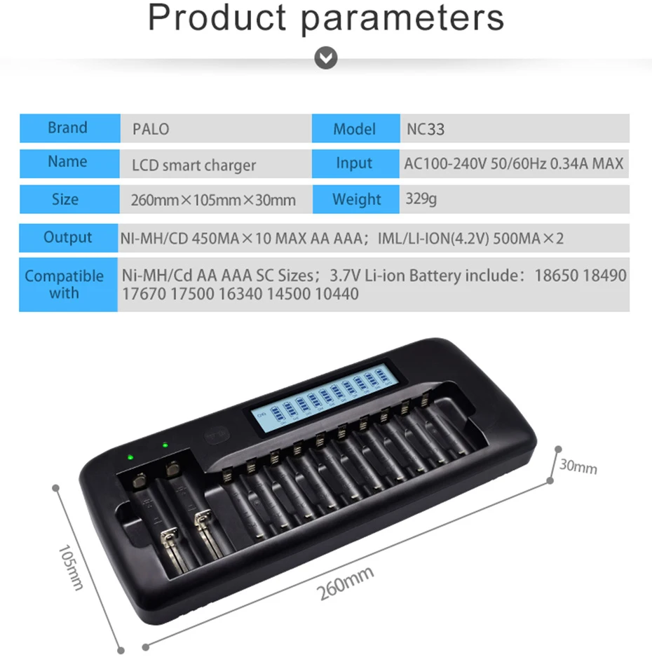 Пало Smart ЖК-дисплей 12 слотов Зарядное устройство для зарядное устройство для никель-кадмиевых или никель-металл-AAA, SC Ni-Cd Перезаряжаемые Батарея 3,7 V ионно-литиевая Батарея 18650 18490 17670 17500 16340