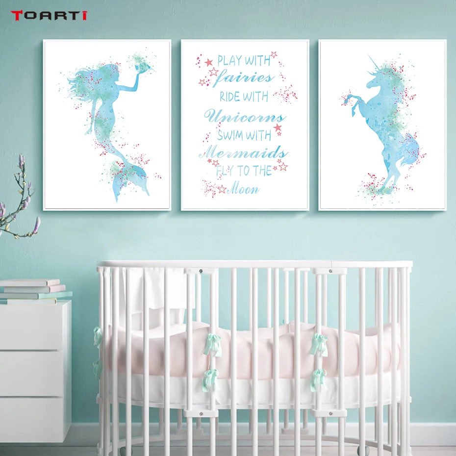 

Mermaid Posters Prints Animal Funny Unicorn Canvas Painting On The Wall For Living Nursery Room Home Decor Modern Art Pictures