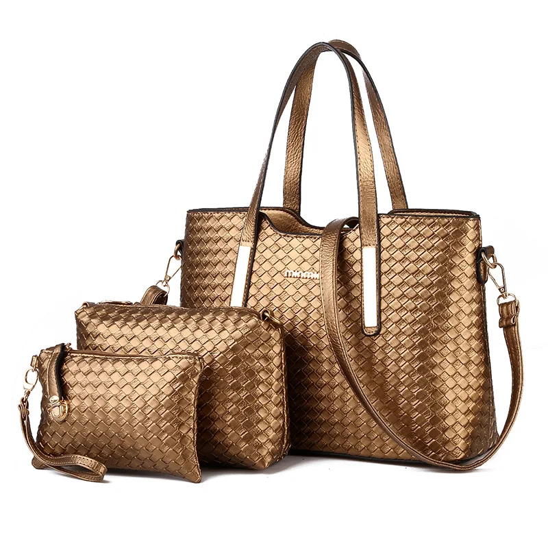 

GOLD Bag 3 pc/ set 2015  fashion famous brand Knitting women handbag simple and elegant shoulder bag + Messenger bag + purse Q0
