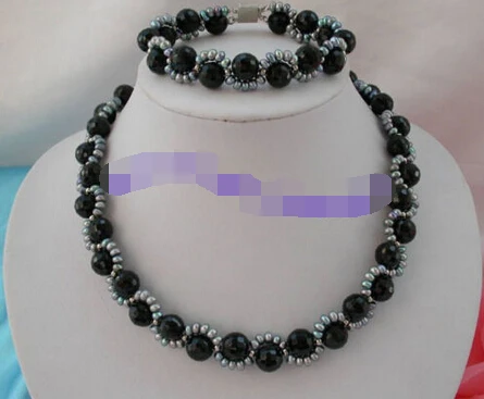 

Free shipping 07809 classic handmade black freshwater pearls &black necklace a set