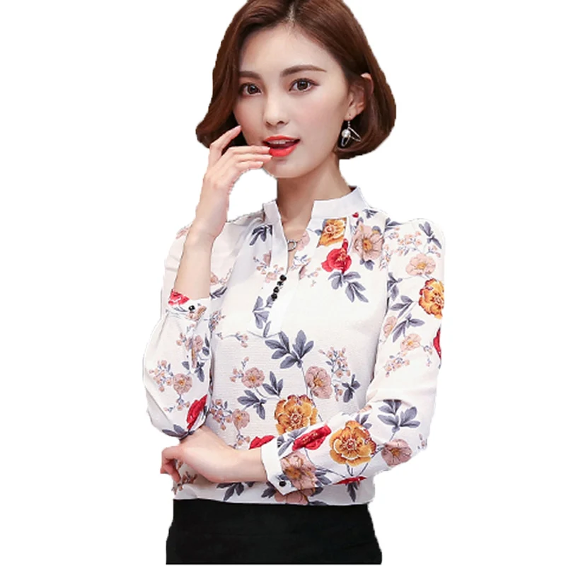 2017 Spring New Fashion Womens Blouses Summer Floral Print Long Sleeve