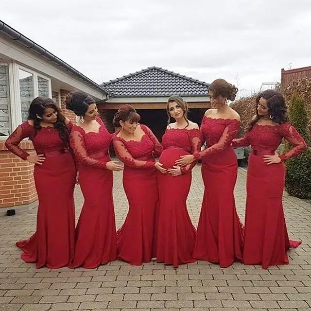 2016 New Arabic African Style Red Bridesmaid Dress Plus Size Off Shoulder Long Sleeves Lace Backless Pregnant Formal In Dresses From