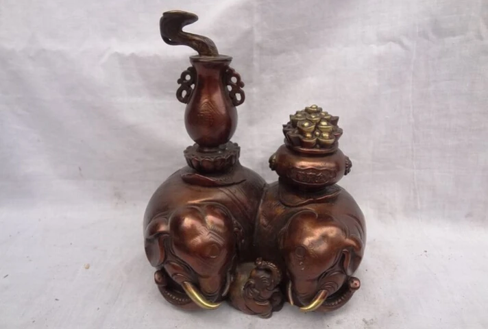

USPS to USA S1453 8" China Red Bronze YuanBao Treasure Basin 3 Elephant Family RuYi Zun Pot Statue (B0413)