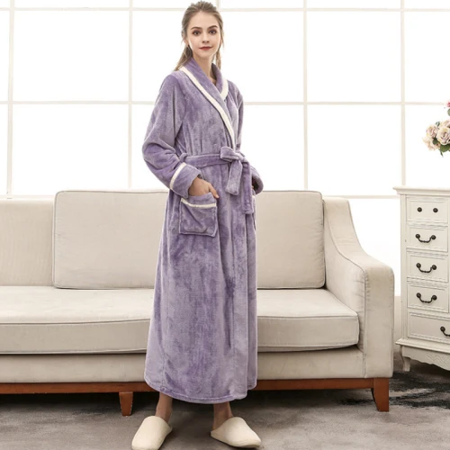 RB0289 теплый зимний халат для женщин и мужчин Фланелевая пижама длинный халат с длинными рукавами для влюбленных пар мужской женский халат плотного размера плюс халат - Цвет: Purple Women