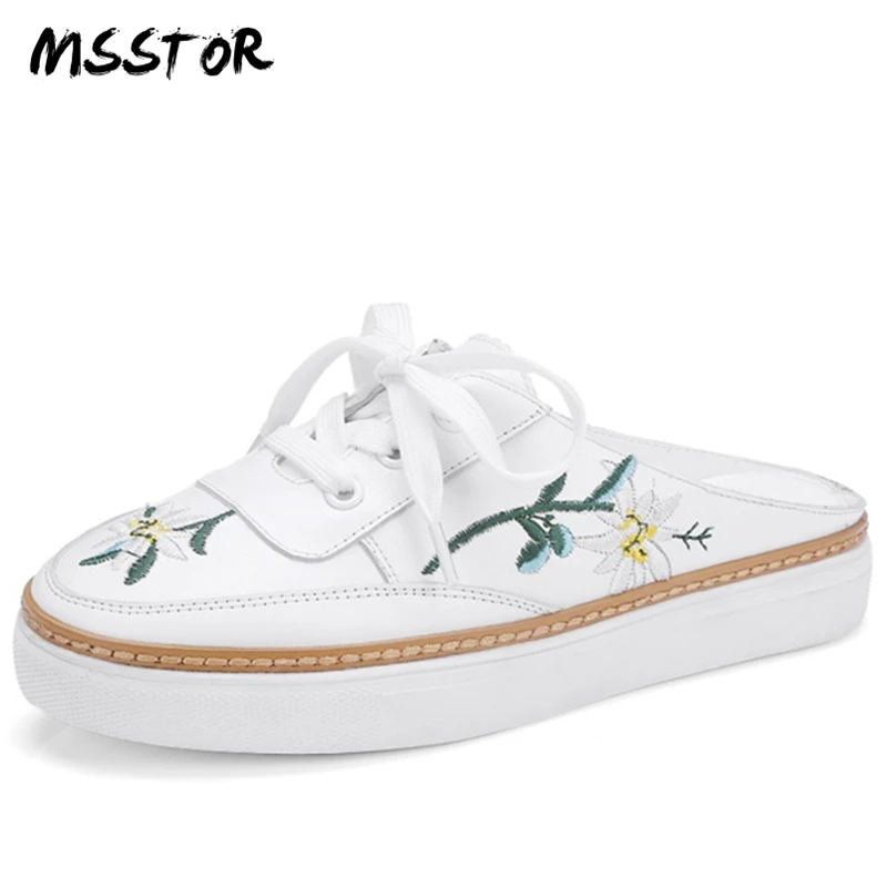 

MSSTOR Embroider White Shoes Round Toe Genuine Leather Lace-Up Shallow Summer Spring Ladies Flats Casual Fashion Mules Shoes
