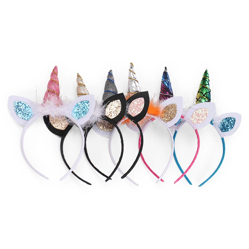 Buy 9PC/lot Glitter Horn Hairbands Feather Rainbow