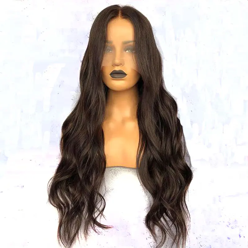 Bombshell Dark Brown Nautral Wave Hand Tied Synthetic Lace Front Wig Glueless Heat Resistant Fiber Natural Hairline For Women