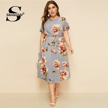 Sheinside Плюс Размер Повседневное Цветочное платье трапециевидной формы с цветочным принтом женское летнее платье миди с коротким рукавом женское платье с высокой талией и поясом