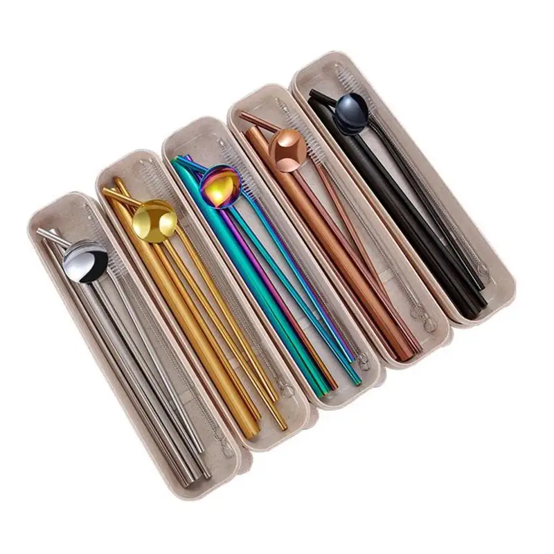 

Stainless Steel Straw Set Pearl Milk Tea Straight Tube Beverage Reusable Straight Bend Metal Tube Cleaning Brush Box Color Set