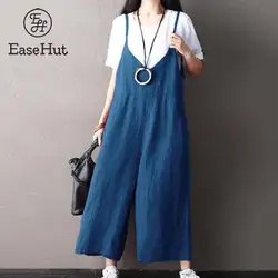 EaseHut плюс размеры хлопок повседневное для женщин комбинезон на подтяжках широкие брюки Спагетти ремень Твердые рукавов Свободный
