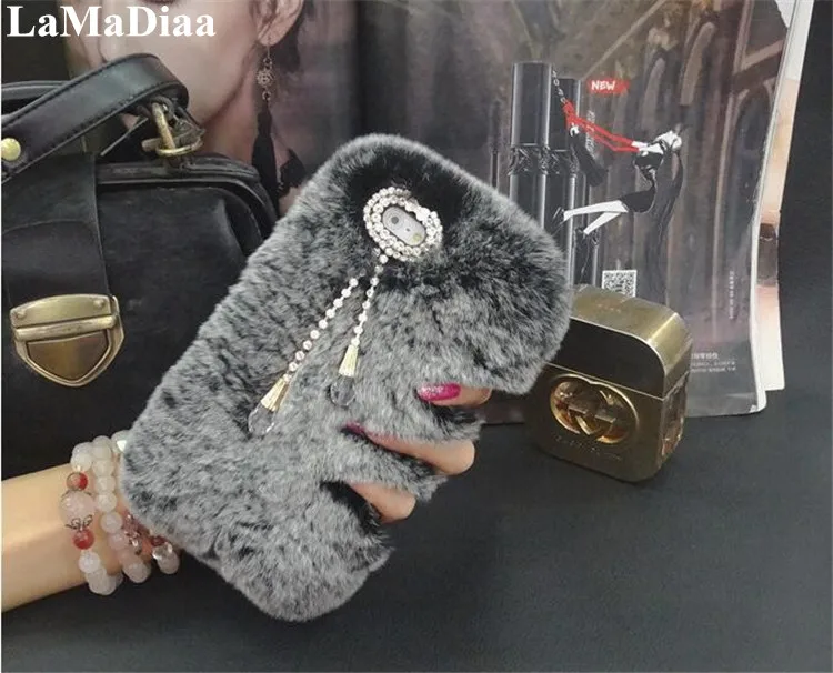 

LaMaDiaa Bling Diamond Rhinestone Rabbit Fur Case Cover for Iphone 11 Pro MAX 5S 6 6SPLUS 7 8 PLUS X XS MAX XR fluffy Warm Cases