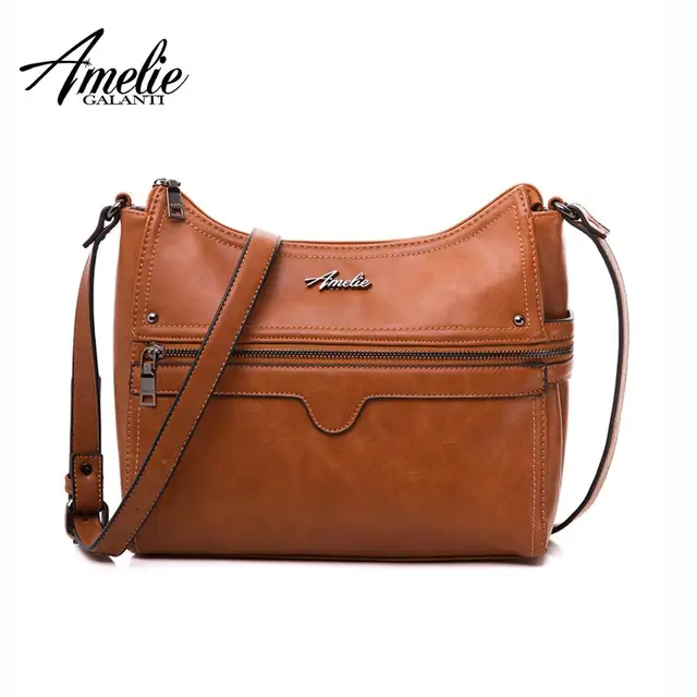 AMELIE GALANTI Leather Shoulder Crossbody Bags for Women 2018 with Long Strap Female Brown Messenger Bags Large Compartment