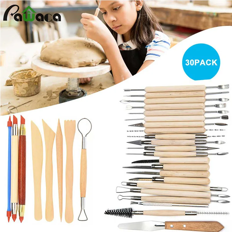 

Arts Crafts 30pcs Clay Sculpting Tool Wooden Handle Pottery Carving Tool Set Sculpt Smoothing Wax Carving Pottery Ceramic Tools