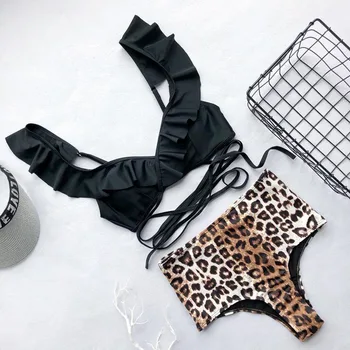 

Sexy Ruffled High Waist Bikini 2020 Women Leopard Swimwear Two-pieces suit Bather Wrap Around Bathing Swimsuit 5103
