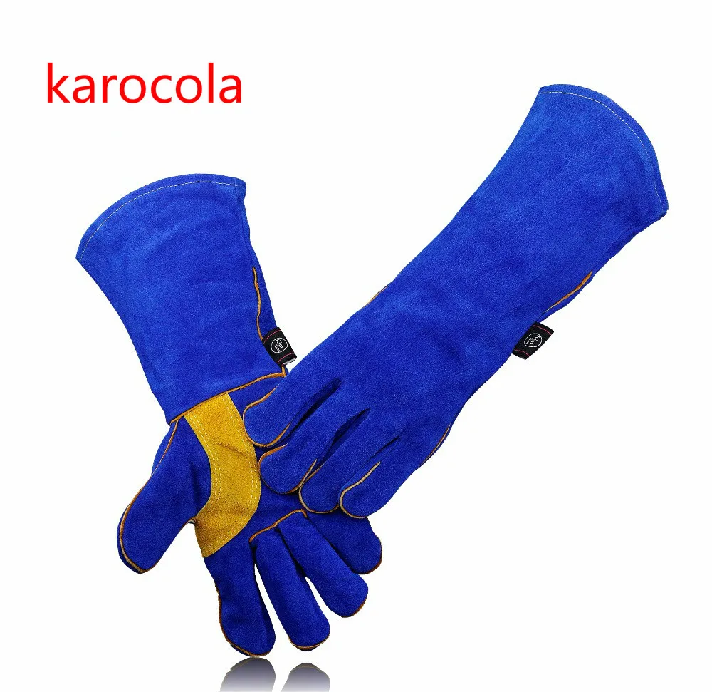 

karocola Leather Welding Gloves-Heat/Fire Resistant for Welder/Oven/Fireplace/Animal Handling/BBQ -Blue 14&16in safety gloves