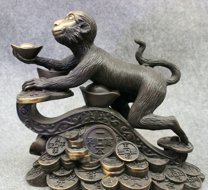 

song voge gem S4874 10" Folk Chinese Year Zodiac Bronze Wealth Monkey On RuYi YuanBao Coin Statue