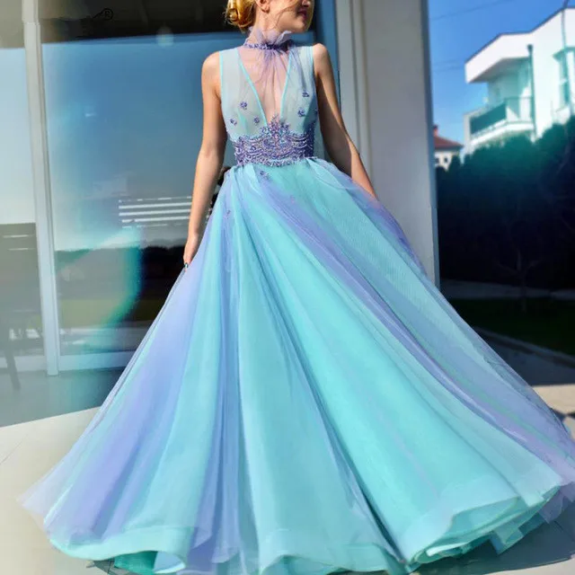 

Turquoise Muslim Evening Dresses 2019 A-line High Collar Tulle Lace Long Islamic Dubai Saudi Arabic Long Formal Evening Gown